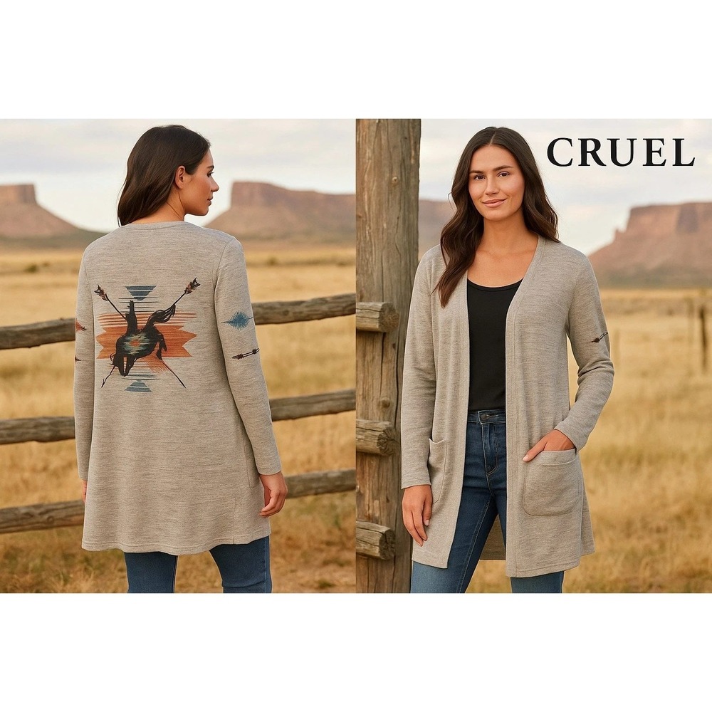 Cruel Denim‎ Womens Medium Gray Southwestern Print Open Front Cardigan
